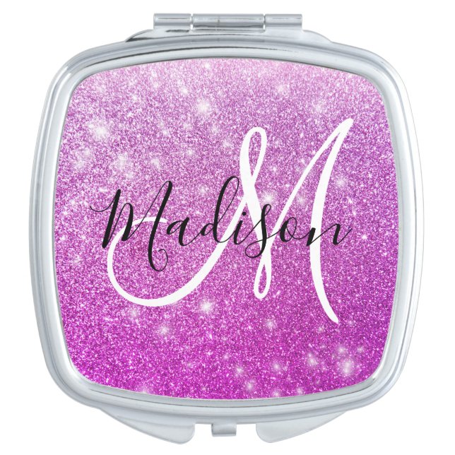 Girly & Glam Purple Glitter Sparkles Monogram Name Compact Mirror (Front)
