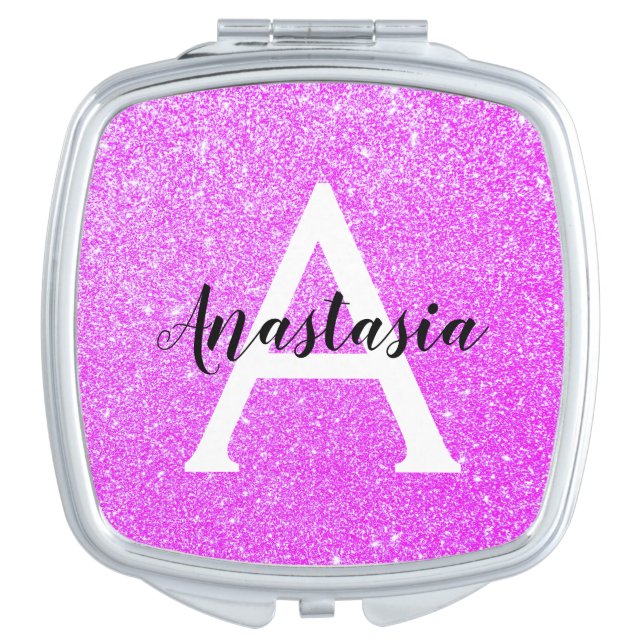 Girly Glam Purple Glitter Sparkles Monogram Name Compact Mirror (Front)