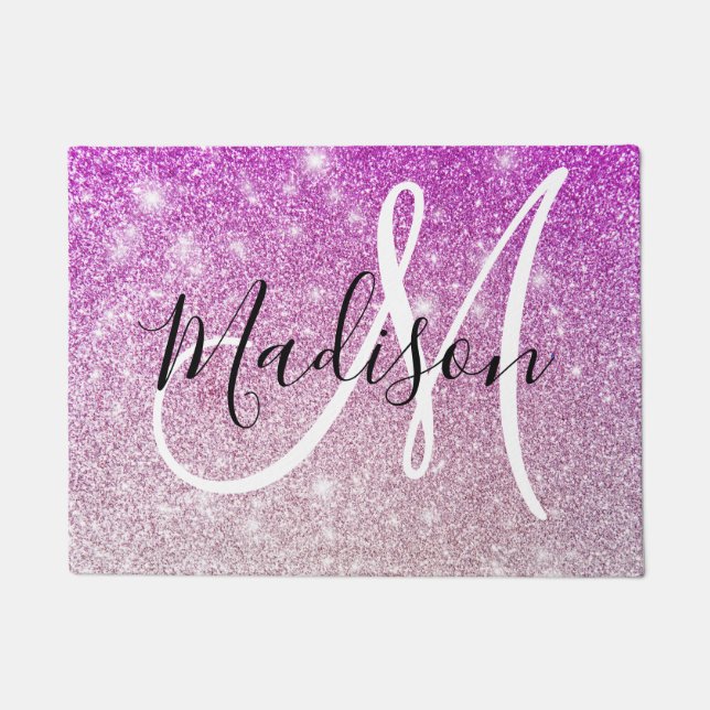 Girly & Glam Purple Glitter Sparkles Monogram Name Doormat (Front)