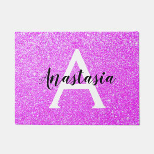 Girly Glam Purple Glitter Sparkles Monogram Name Doormat