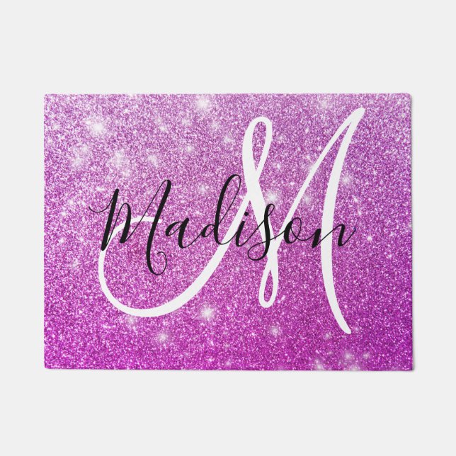 Girly & Glam Purple Glitter Sparkles Monogram Name Doormat (Front)