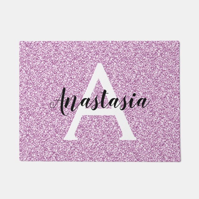 Girly Glam Purple Glitter Sparkles Monogram Name Doormat (Front)