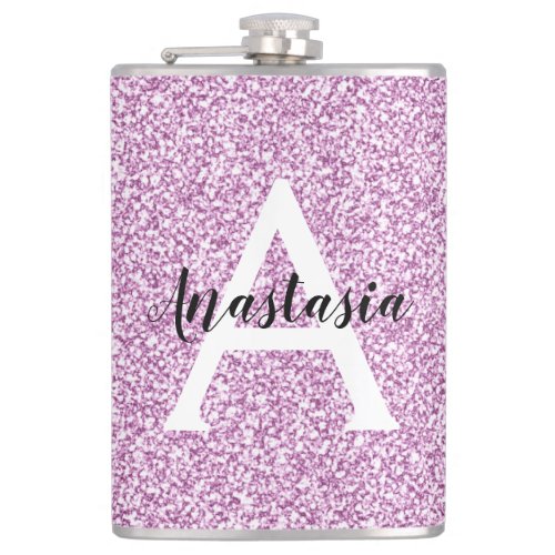 Girly Glam Purple Glitter Sparkles Monogram Name Flask