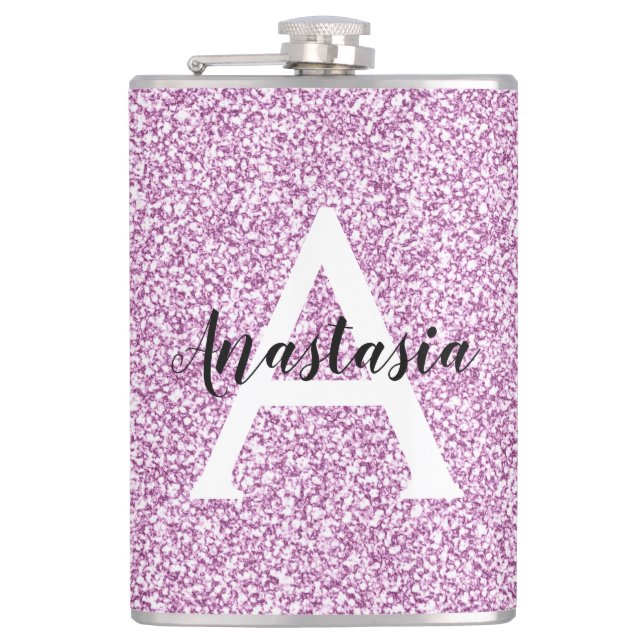 Girly Glam Purple Glitter Sparkles Monogram Name Flask (Front)