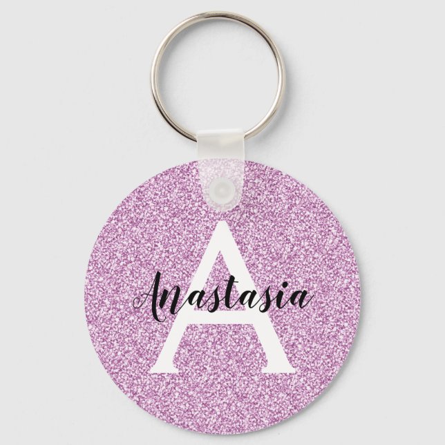 Girly Glam Purple Glitter Sparkles Monogram Name Keychain (Front)