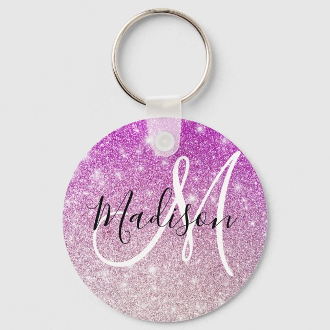 Girly & Glam Purple Glitter Sparkles Monogram Name Keychain (Front)