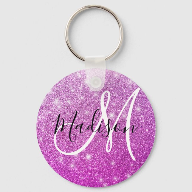 Girly & Glam Purple Glitter Sparkles Monogram Name Keychain (Front)