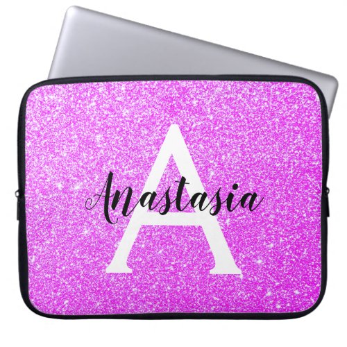 Girly Glam Purple Glitter Sparkles Monogram Name Laptop Sleeve