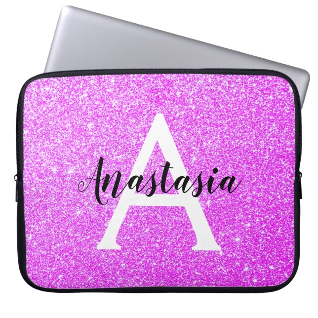 Girly Glam Purple Glitter Sparkles Monogram Name Laptop Sleeve (Front)