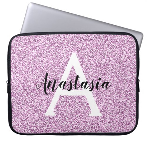 Girly Glam Purple Glitter Sparkles Monogram Name Laptop Sleeve
