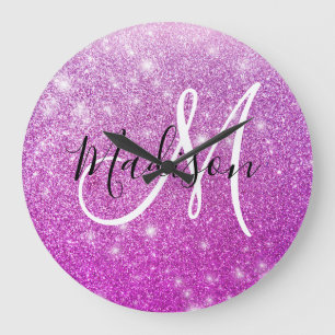 Girly & Glam Purple Glitter Sparkles Monogram Name Large Clock