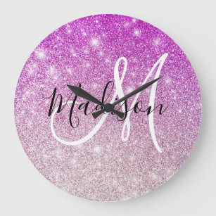 Girly & Glam Purple Glitter Sparkles Monogram Name Large Clock