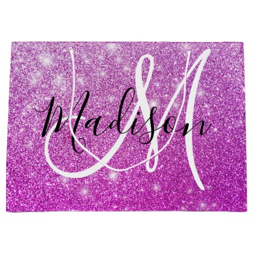 Girly  Glam Purple Glitter Sparkles Monogram Name Large Gift Bag