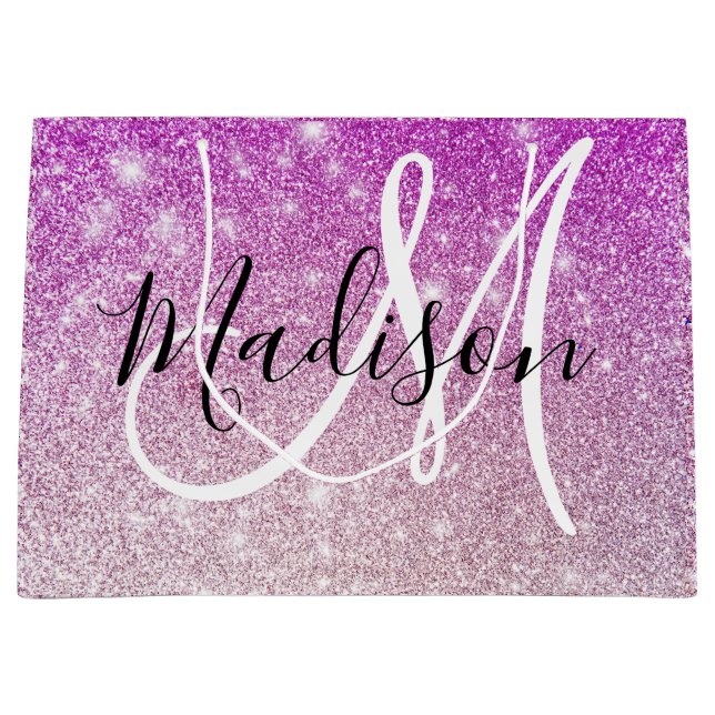 Girly & Glam Purple Glitter Sparkles Monogram Name Large Gift Bag (Front)