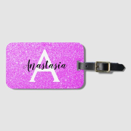 Girly Glam Purple Glitter Sparkles Monogram Name Luggage Tag