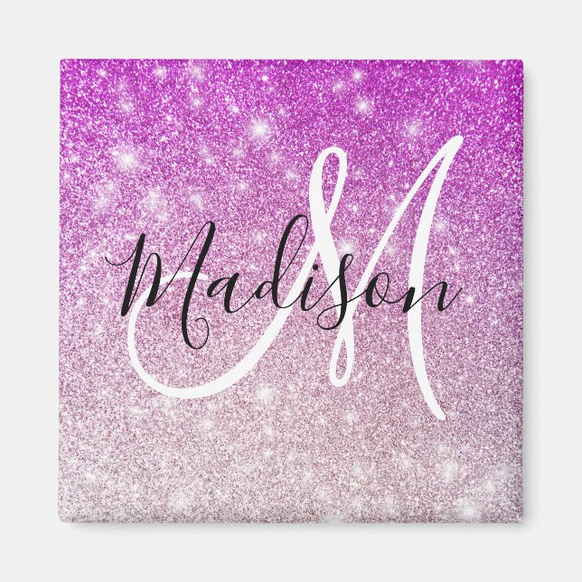 Girly & Glam Purple Glitter Sparkles Monogram Name Magnet (Front)