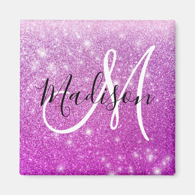 Girly & Glam Purple Glitter Sparkles Monogram Name Magnet (Front)