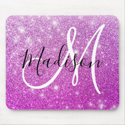 Girly  Glam Purple Glitter Sparkles Monogram Name Mouse Pad