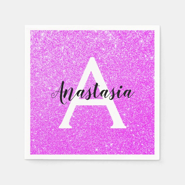 Girly Glam Purple Glitter Sparkles Monogram Name Napkins (Front)