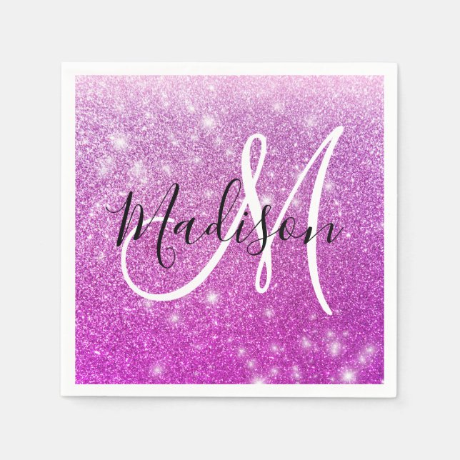 Girly & Glam Purple Glitter Sparkles Monogram Name Napkins (Front)