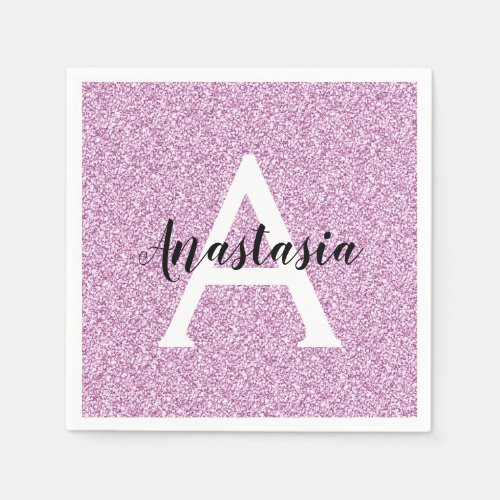 Girly Glam Purple Glitter Sparkles Monogram Name Napkins