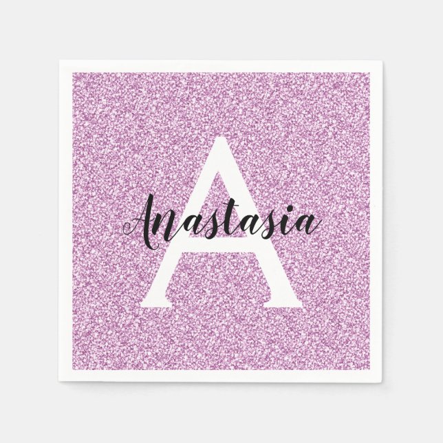 Girly Glam Purple Glitter Sparkles Monogram Name Napkins (Front)
