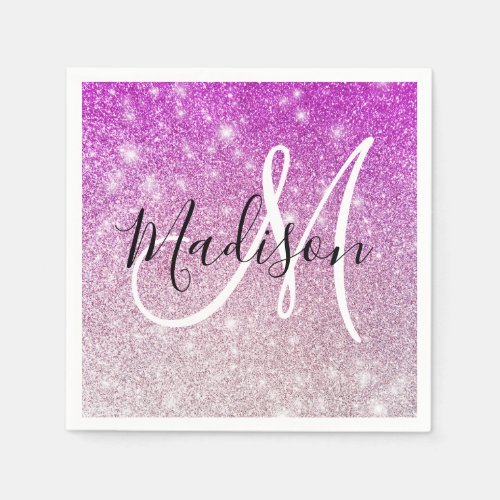 Girly  Glam Purple Glitter Sparkles Monogram Name Napkins