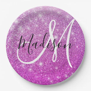 Girly & Glam Purple Glitter Sparkles Monogram Name Paper Plates