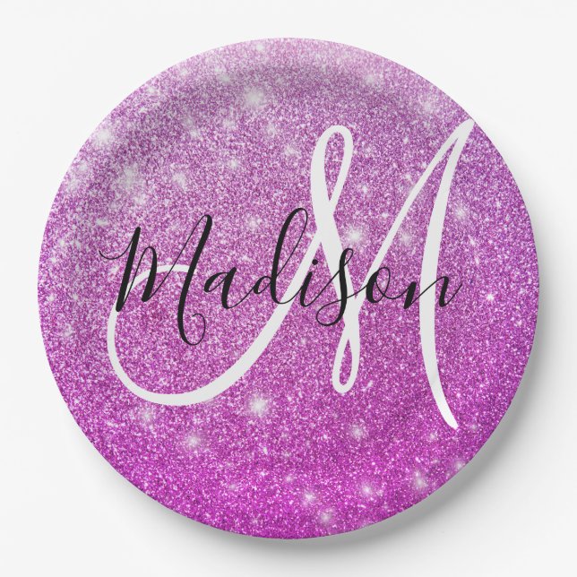 Girly & Glam Purple Glitter Sparkles Monogram Name Paper Plates (Front)