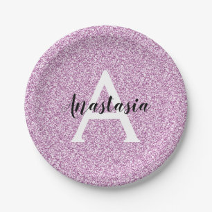Girly Glam Purple Glitter Sparkles Monogram Name Paper Plates