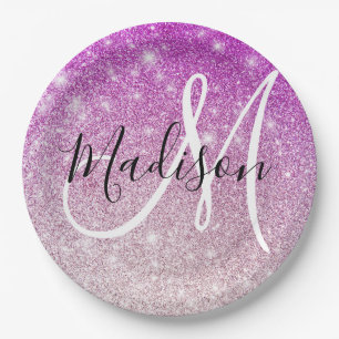 Girly & Glam Purple Glitter Sparkles Monogram Name Paper Plates