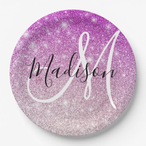 Girly  Glam Purple Glitter Sparkles Monogram Name Paper Plates