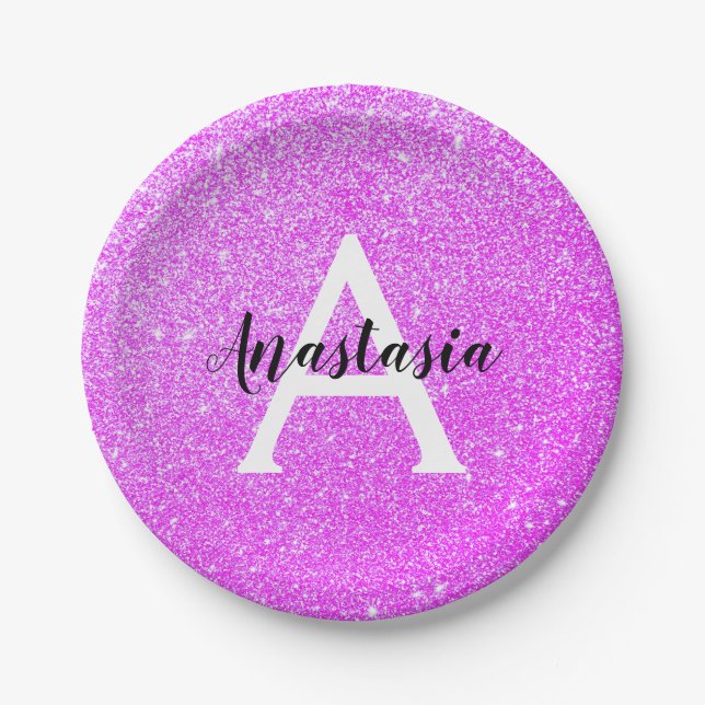 Girly Glam Purple Glitter Sparkles Monogram Name Paper Plates (Front)
