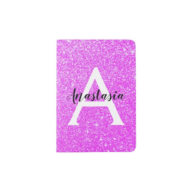 Girly Glam Purple Glitter Sparkles Monogram Name Passport Holder (Front)
