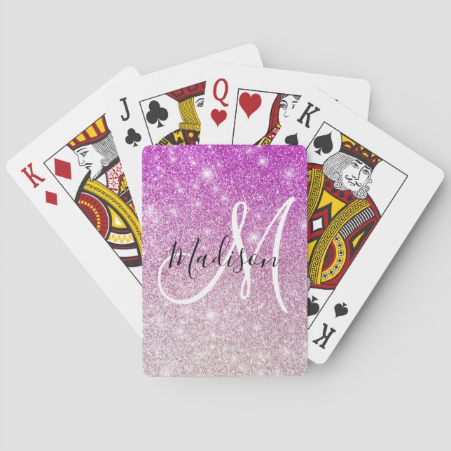 Girly & Glam Purple Glitter Sparkles Monogram Name Poker Cards (Back)