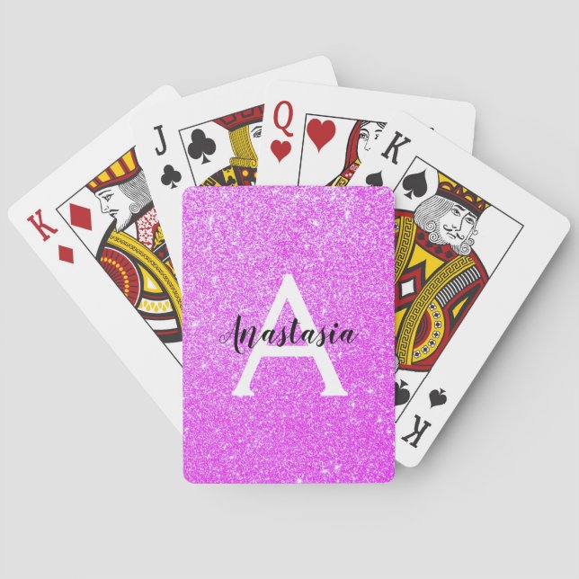 Girly Glam Purple Glitter Sparkles Monogram Name Poker Cards (Back)