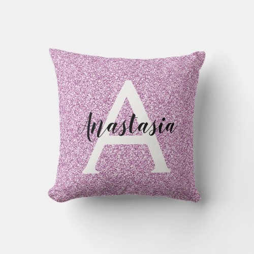 Girly Glam Purple Glitter Sparkles Monogram Name Throw Pillow
