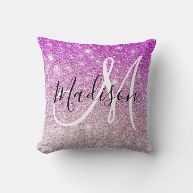 Girly & Glam Purple Glitter Sparkles Monogram Name Throw Pillow (Front)