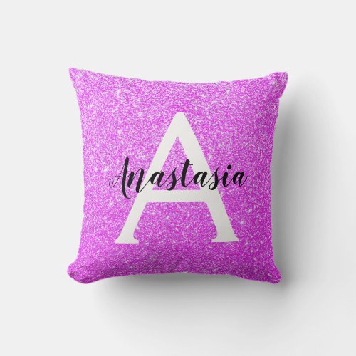 Girly Glam Purple Glitter Sparkles Monogram Name Throw Pillow