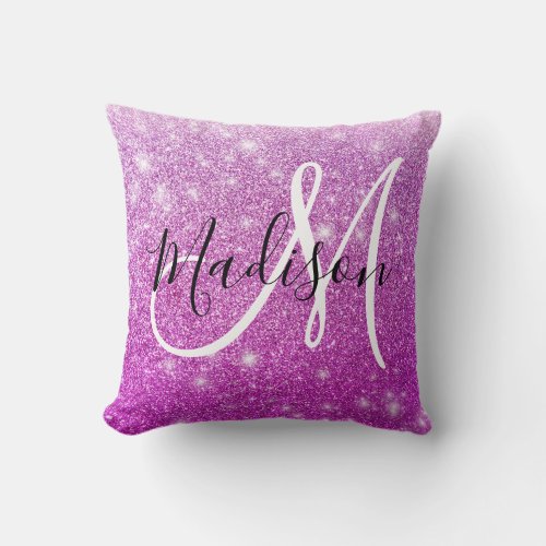Girly  Glam Purple Glitter Sparkles Monogram Name Throw Pillow