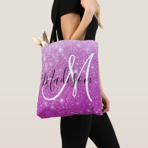 Girly  Glam Purple Glitter Sparkles Monogram Name Tote Bag