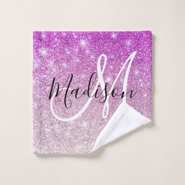 Girly & Glam Purple Glitter Sparkles Monogram Name Wash Cloth (Wash Cloth)