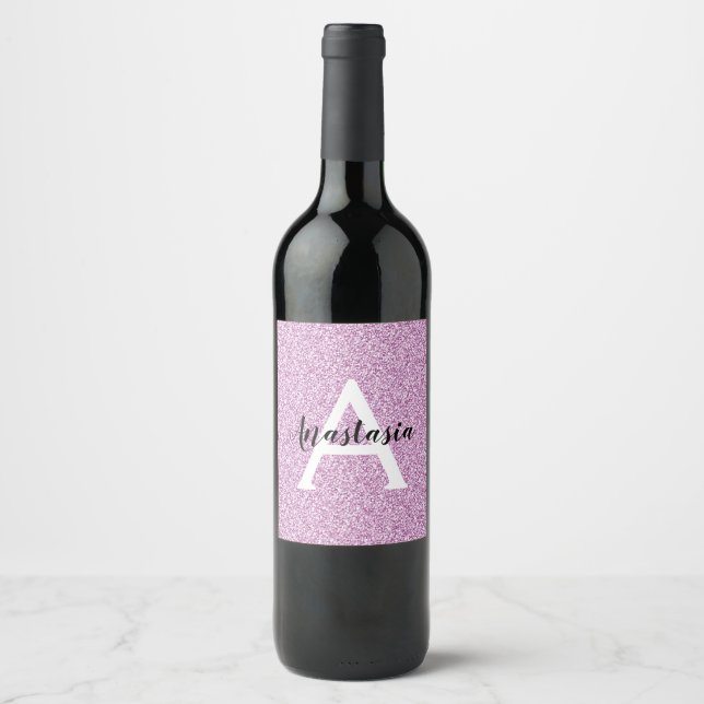 Girly Glam Purple Glitter Sparkles Monogram Name Wine Label (Front)