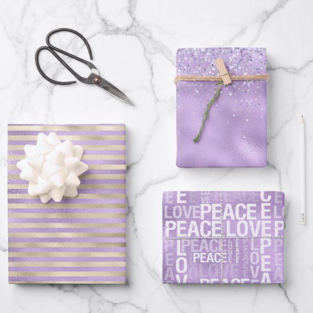 Girly Glam Purple Gold Love Peace Wrapping Paper Sheets (Front)