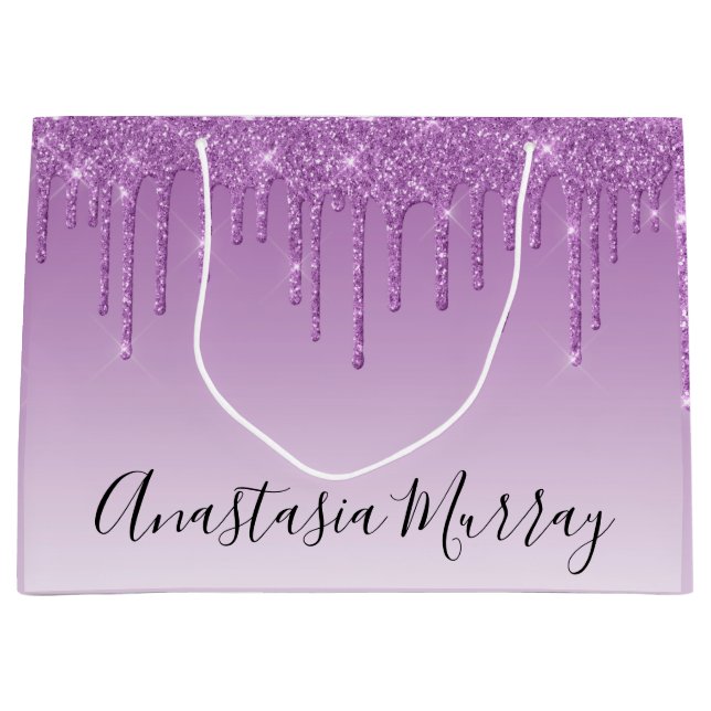 Girly & Glam Purple Lilac Glitter Drips Name Large Gift Bag (Front)