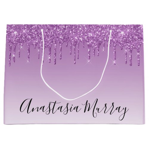 Girly  Glam Purple Lilac Glitter Drips Name Large Gift Bag