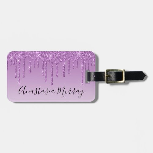 Girly  Glam Purple Lilac Glitter Drips Name Luggage Tag