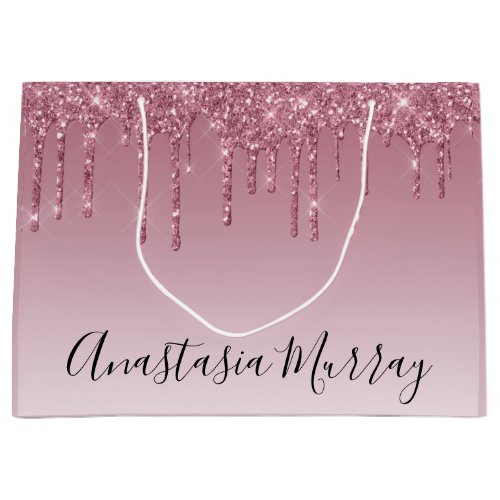 Girly  Glam Purple Rose Gold Glitter Drips Name Large Gift Bag