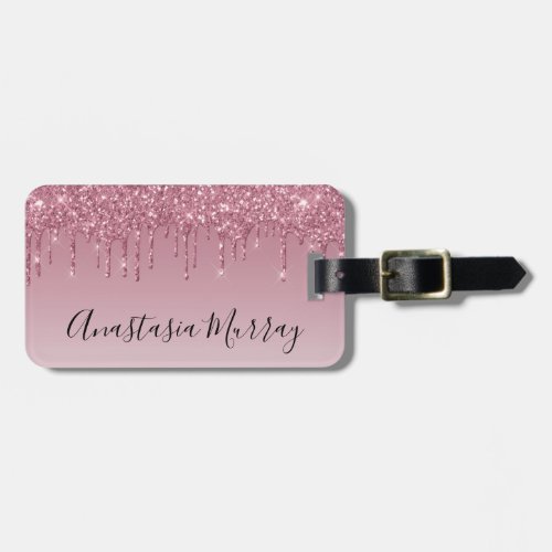 Girly  Glam Purple Rose Gold Glitter Drips Name Luggage Tag