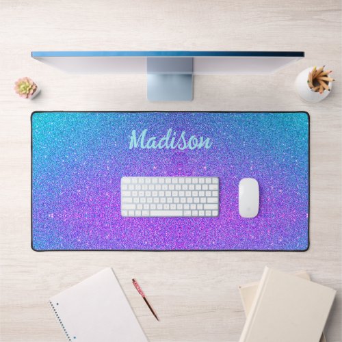 Girly Glam Purple Teal Blue Glitter Personalized Desk Mat